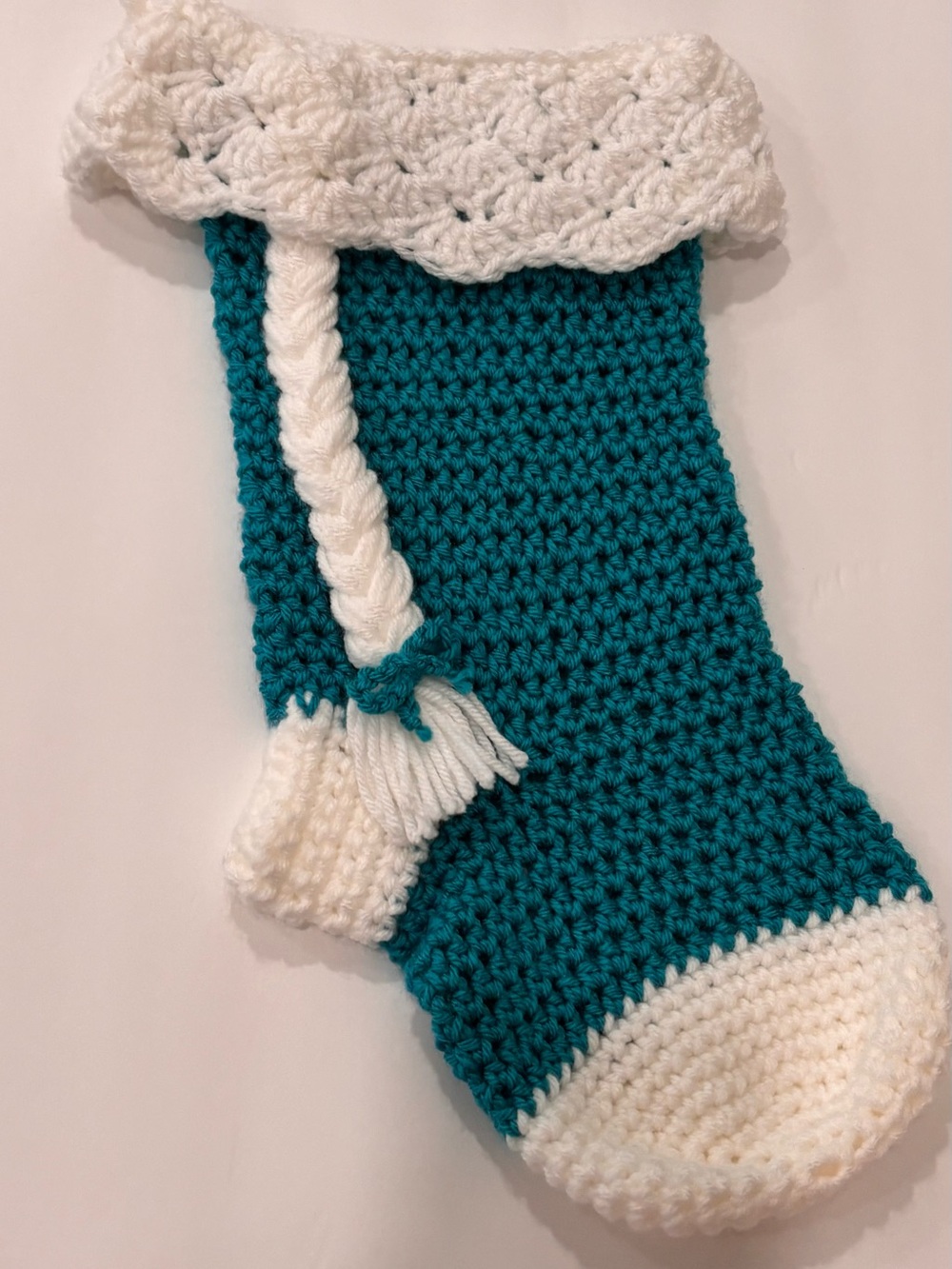 Handmade Teal and White Crochet Kids Holiday Stocking 17”x9”
